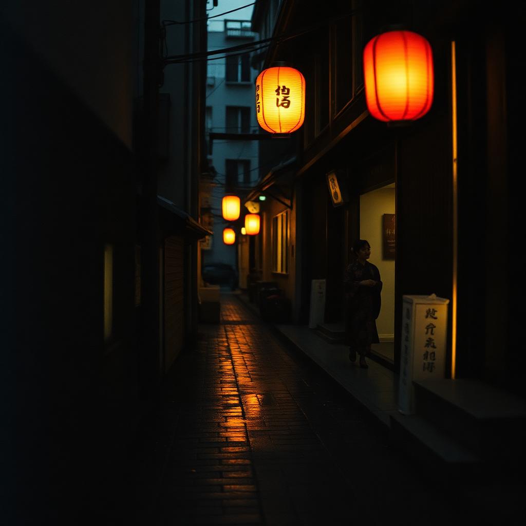 Beco de Kyoto ao entardecer com lanternas