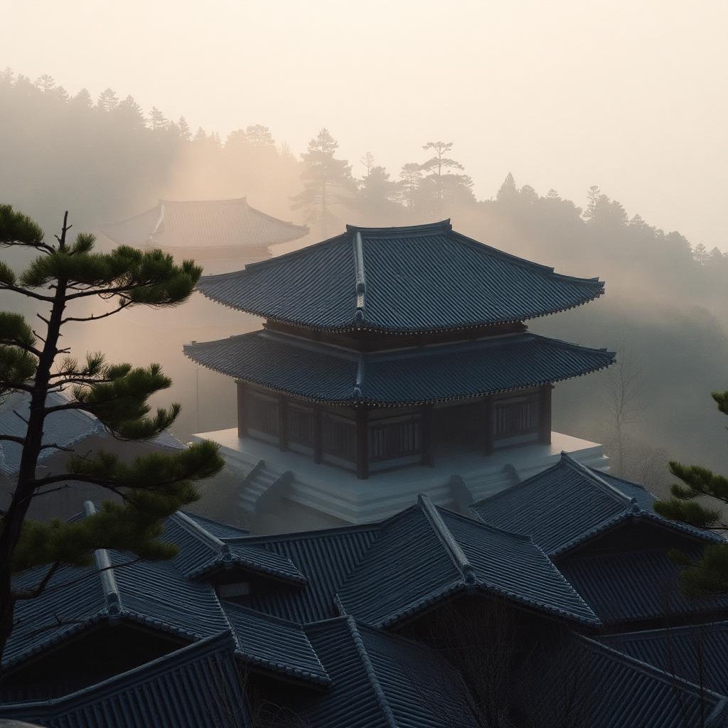 Templo coreano no alto da montanha ao amanhecer